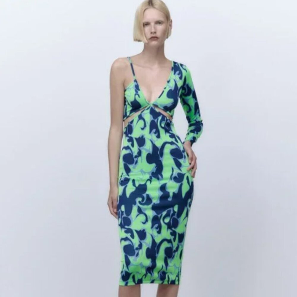 ZARA Green Asymmetric Jacquard V-Neck Dress Size S Spaghetti Strap One Sleeve